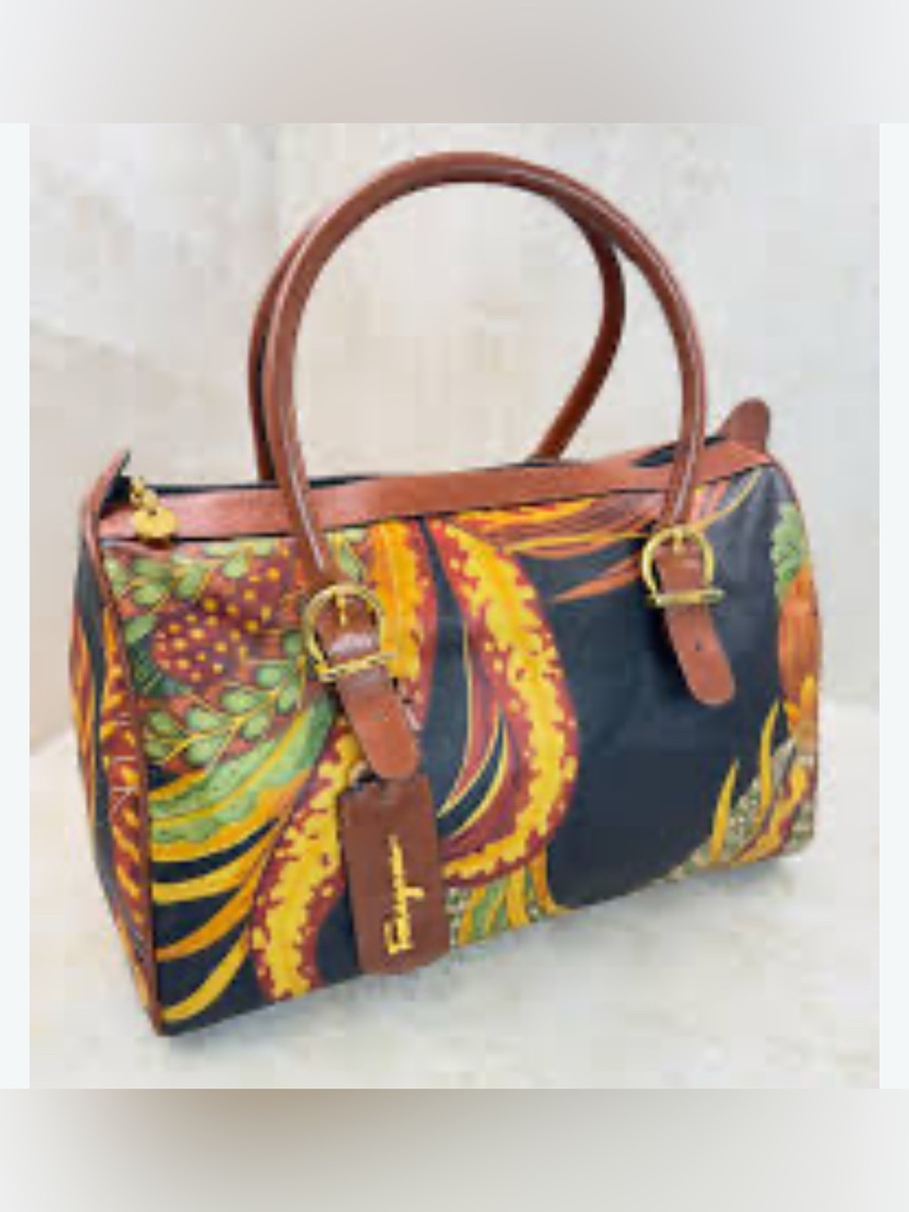 Salvatore Ferragamo Multicolor Printed Tote with Brown Trim and Handles.